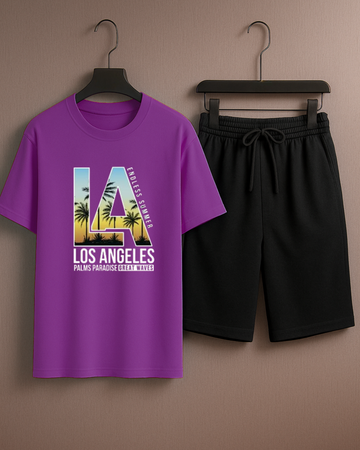 Purple T-Shirt Printed with Black Shorts– Comfortable Wear (3408)