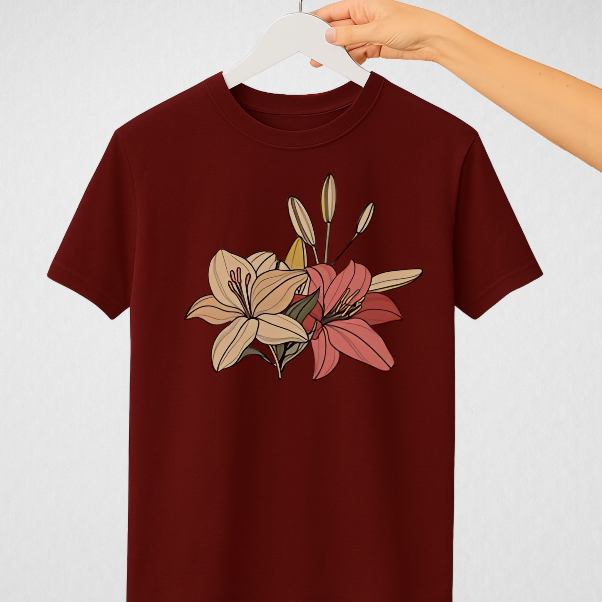 Maroon Women’s Printed Tee – Jersey Fabric, Classic Fit, Everyday Comfort (3702)