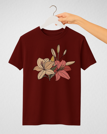 Maroon Women’s Printed Tee – Jersey Fabric, Classic Fit, Everyday Comfort (3702)