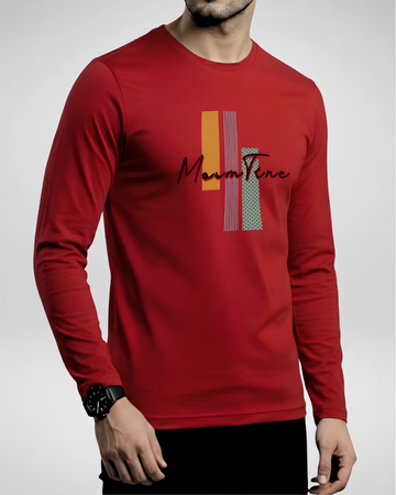 Red Printed Men’s Full Sleeves Tee – Jersey Fabric, Classic Fit, Everyday Comfort (Code 6133)