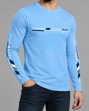 Sky Blue Printed Men’s Full Sleeves Tee – Jersey Fabric, Classic Fit, Everyday Comfort (Code 6155)