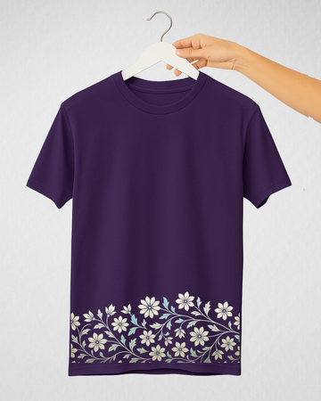 Purple Women's Blossom Border Graphic Printed Tee – Jersey Fabric, Classic Fit, Everyday Comfort (Code 5061)