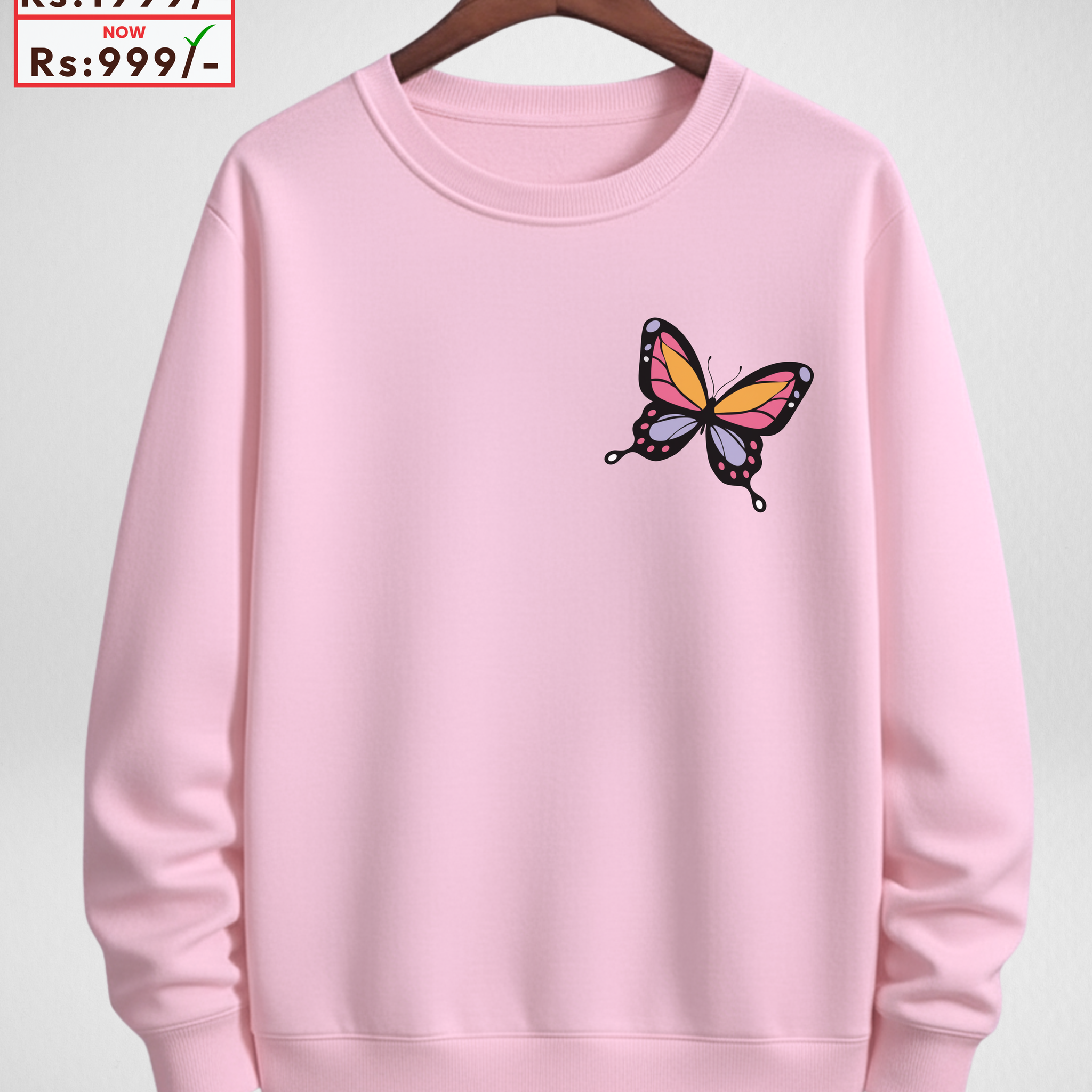 Butterfly Pink Printed Sweatshirt – Warm and Stylish Fleece (Code 4082)