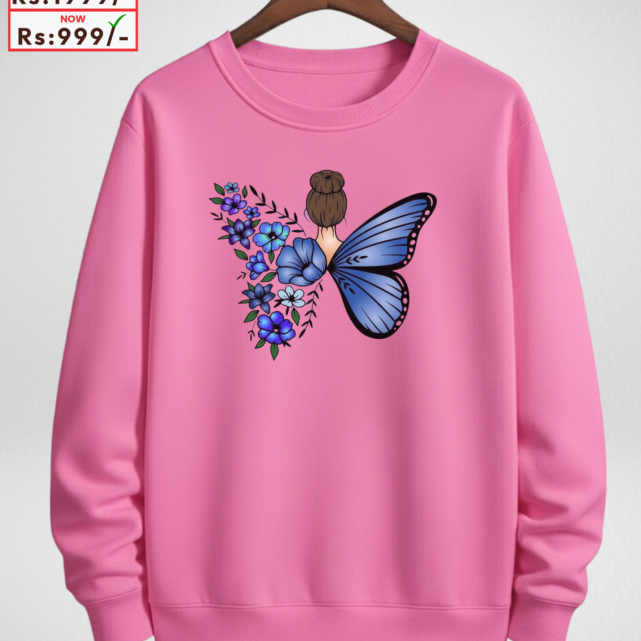 Butterfly Shocking Pink Printed Sweatshirt – Warm and Stylish Fleece (Code 4083)