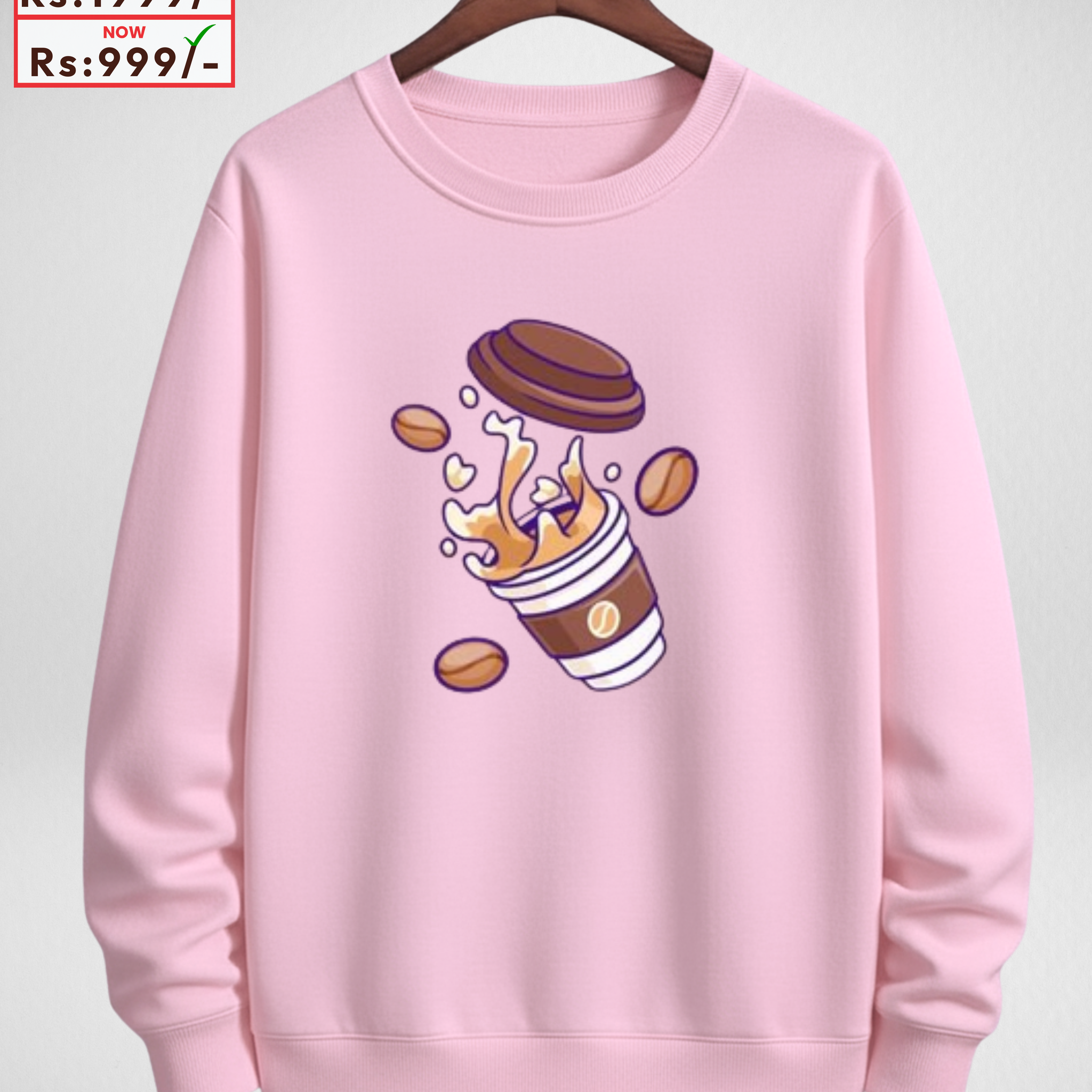ONLY LARGE SIZE – Coffee Cup Pink Printed Sweatshirt – Warm and Stylish Fleece (Code 4084)
