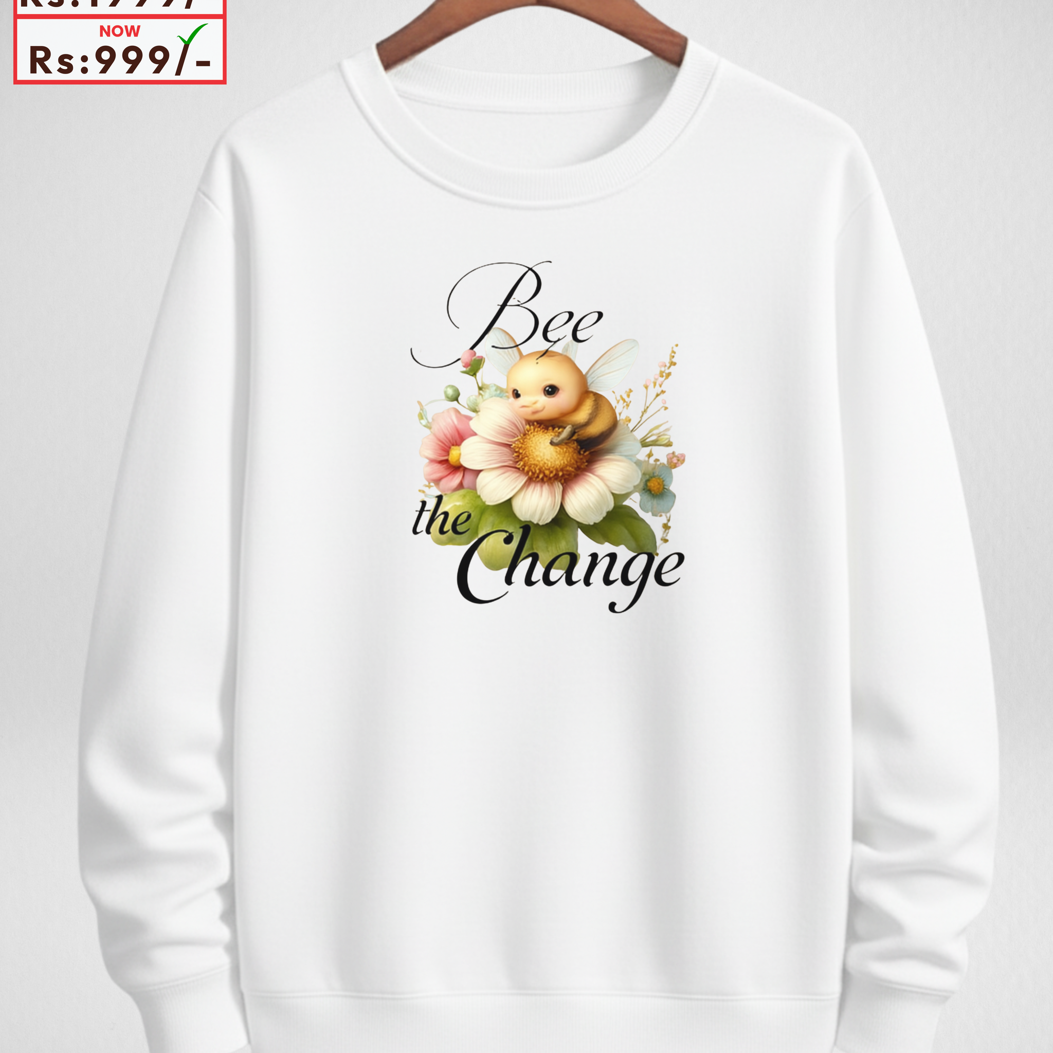 Bee White Printed Sweatshirt – Warm and Stylish Fleece (Code 4071)