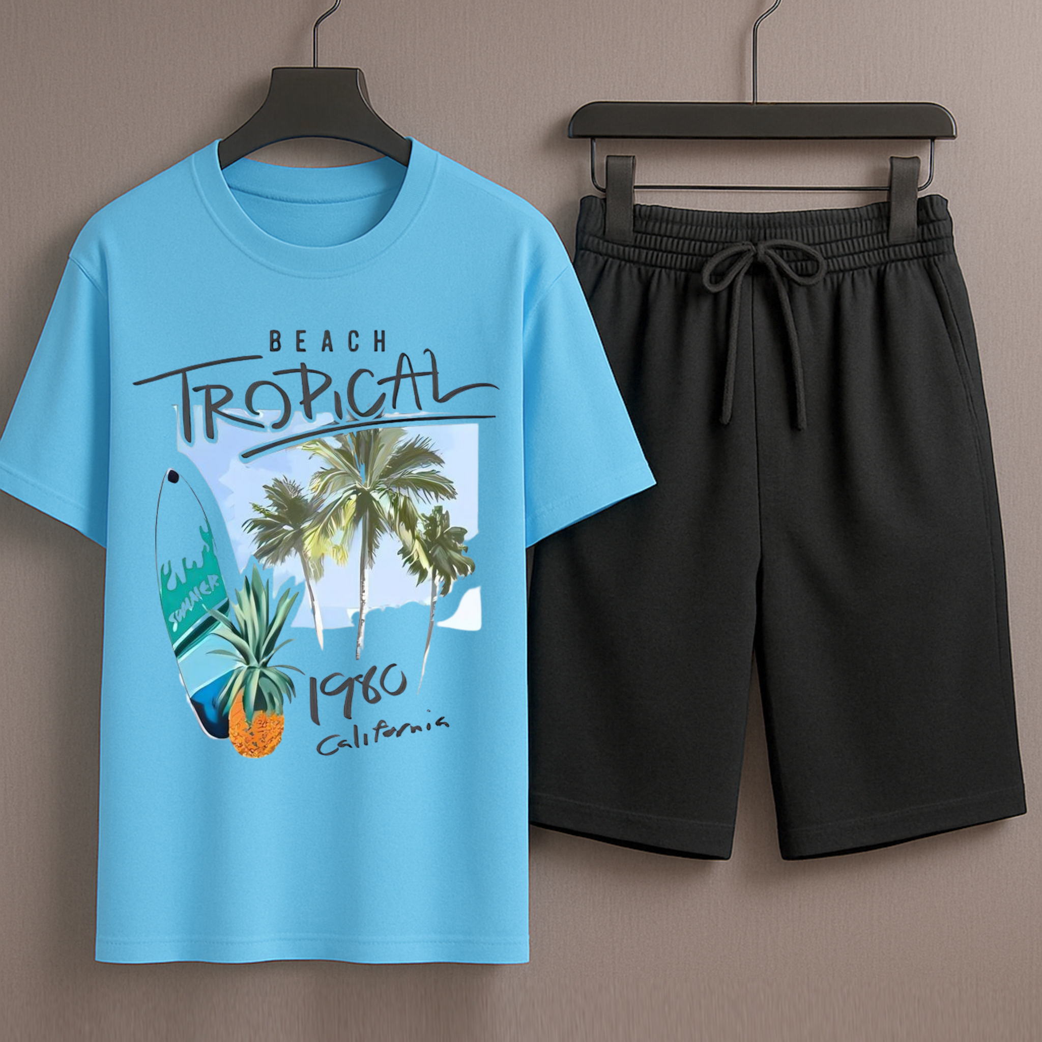 Skyblue T-Shirt Printed with Black Shorts– Comfortable Wear (3360)