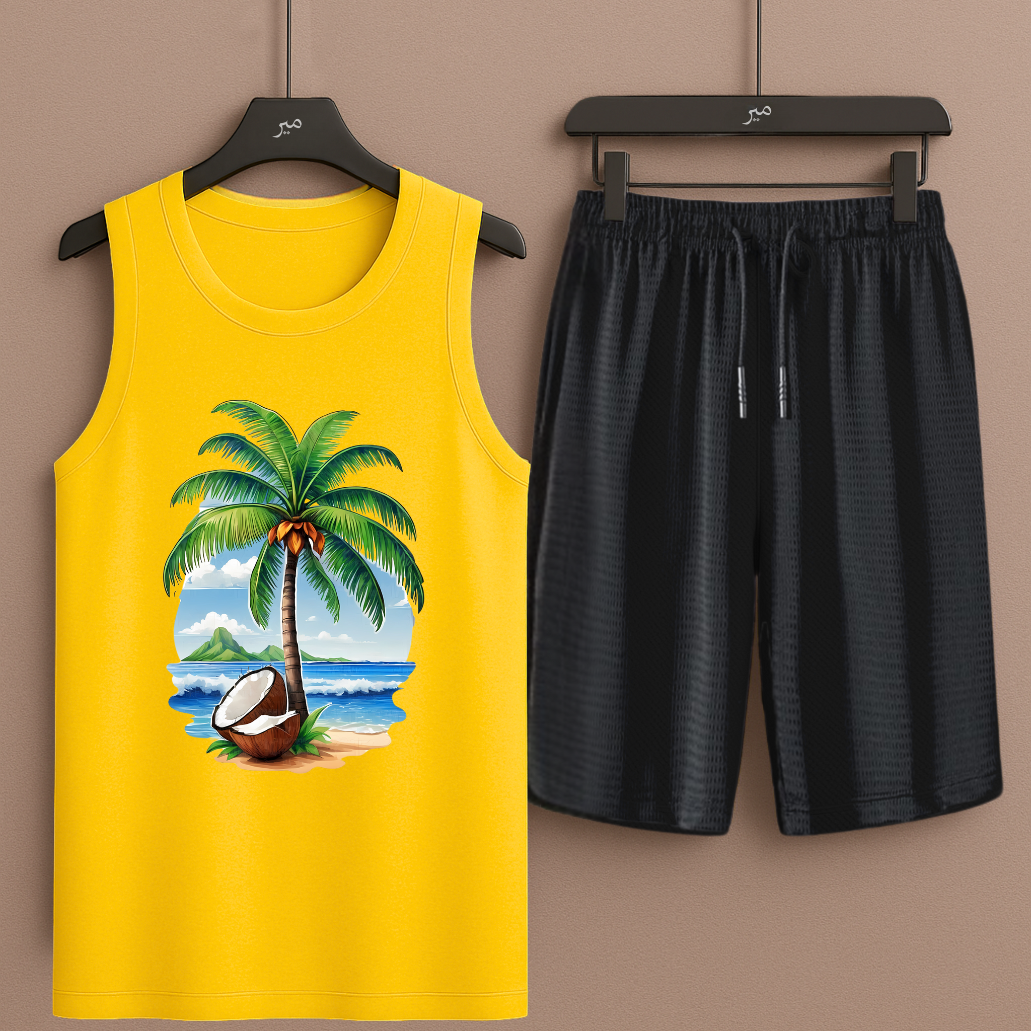 Co-Order Set Yellow Tanktop Printed Palm Tree with Black Shorts– Comfortable Wear (3357)