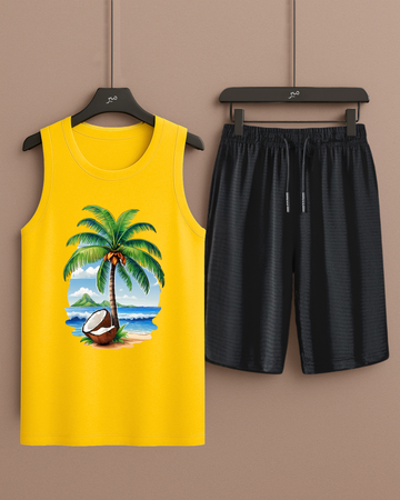 Co-Order Set Yellow Tanktop Printed Palm Tree with Black Shorts– Comfortable Wear (3357)