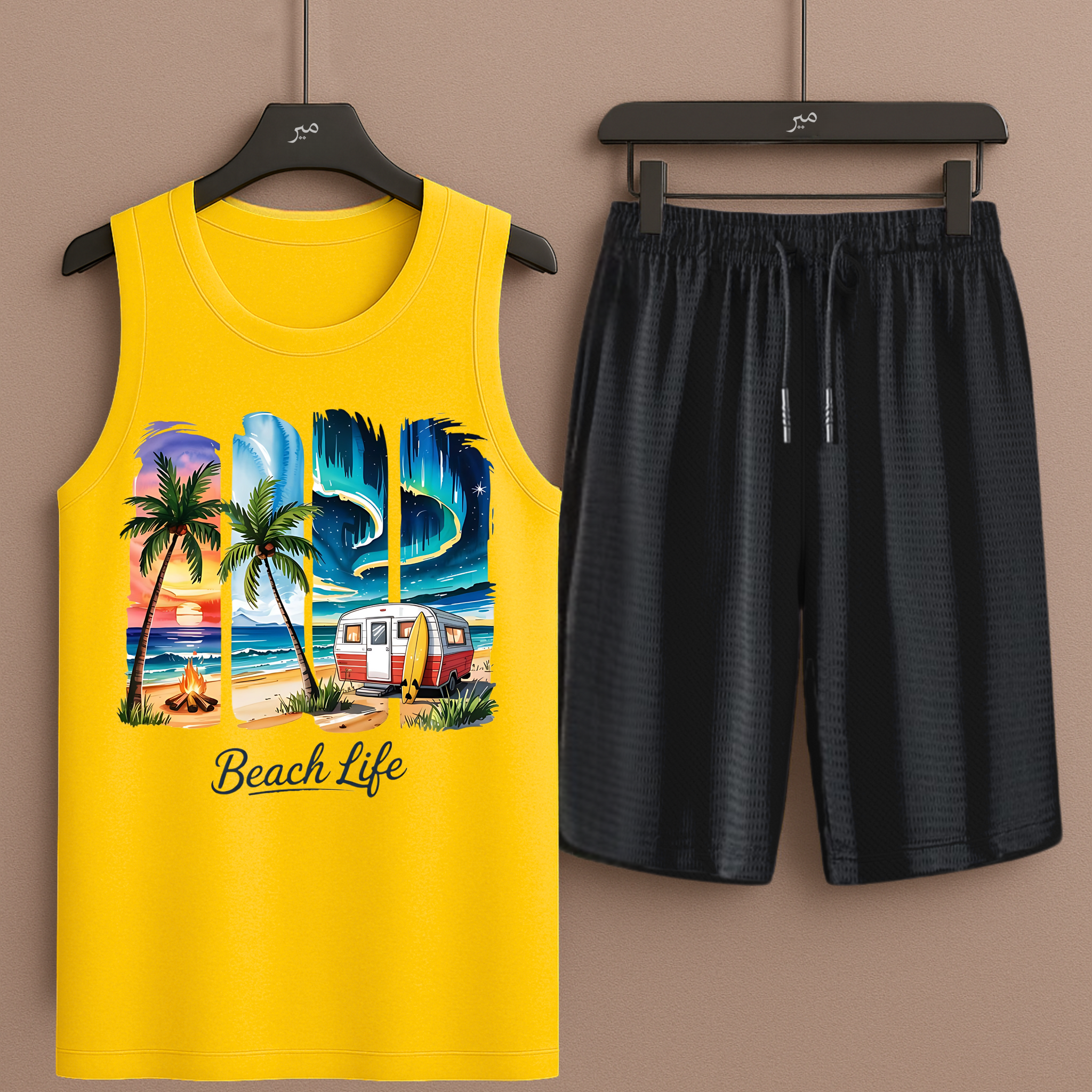 Co-Order Set Yellow Tanktop Printed Beach Life with Black Shorts– Comfortable Wear (3356)