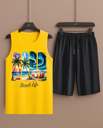 Co-Order Set Yellow Tanktop Printed Beach Life with Black Shorts– Comfortable Wear (3356)