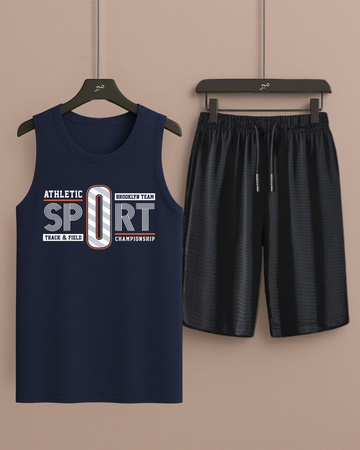 Navy Tanktop Sports Print with Black Shorts– Comfortable Wear (3351)