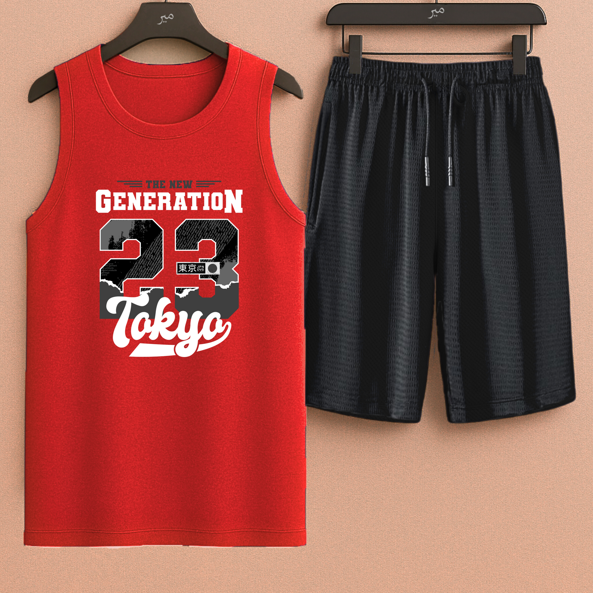 Red Tanktop Printed Tokyo with Black Shorts– Comfortable Wear (3354)