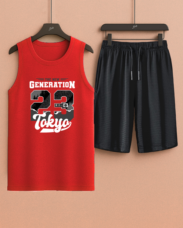 Red Tanktop Printed Tokyo with Black Shorts– Comfortable Wear (Code 3354)