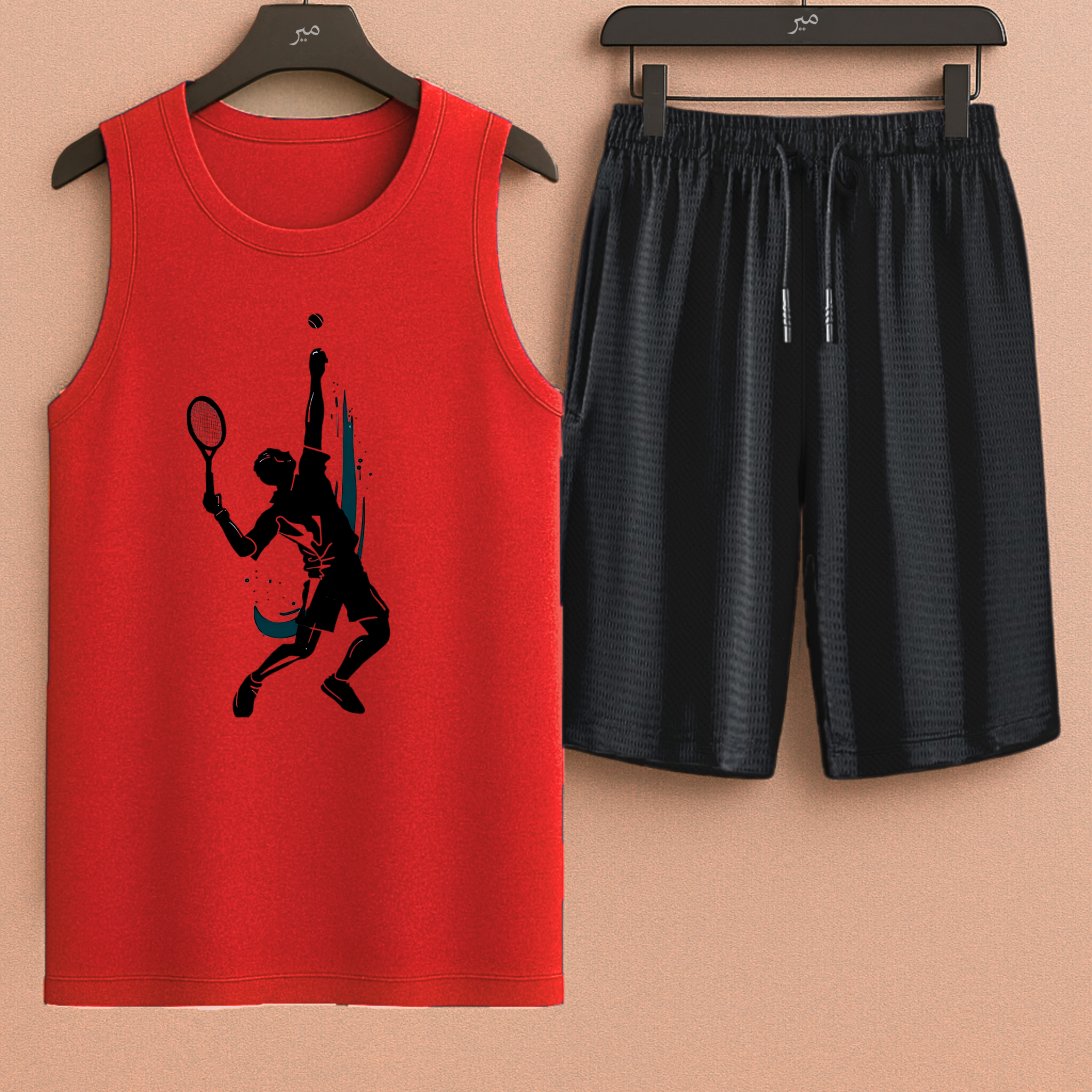 Red Padel Tanktop black print with Black Shorts– Comfortable Wear (3358)