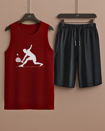 Maroon Padel Tanktop white print with Breathable Black Shorts– Comfortable Wear (3350)