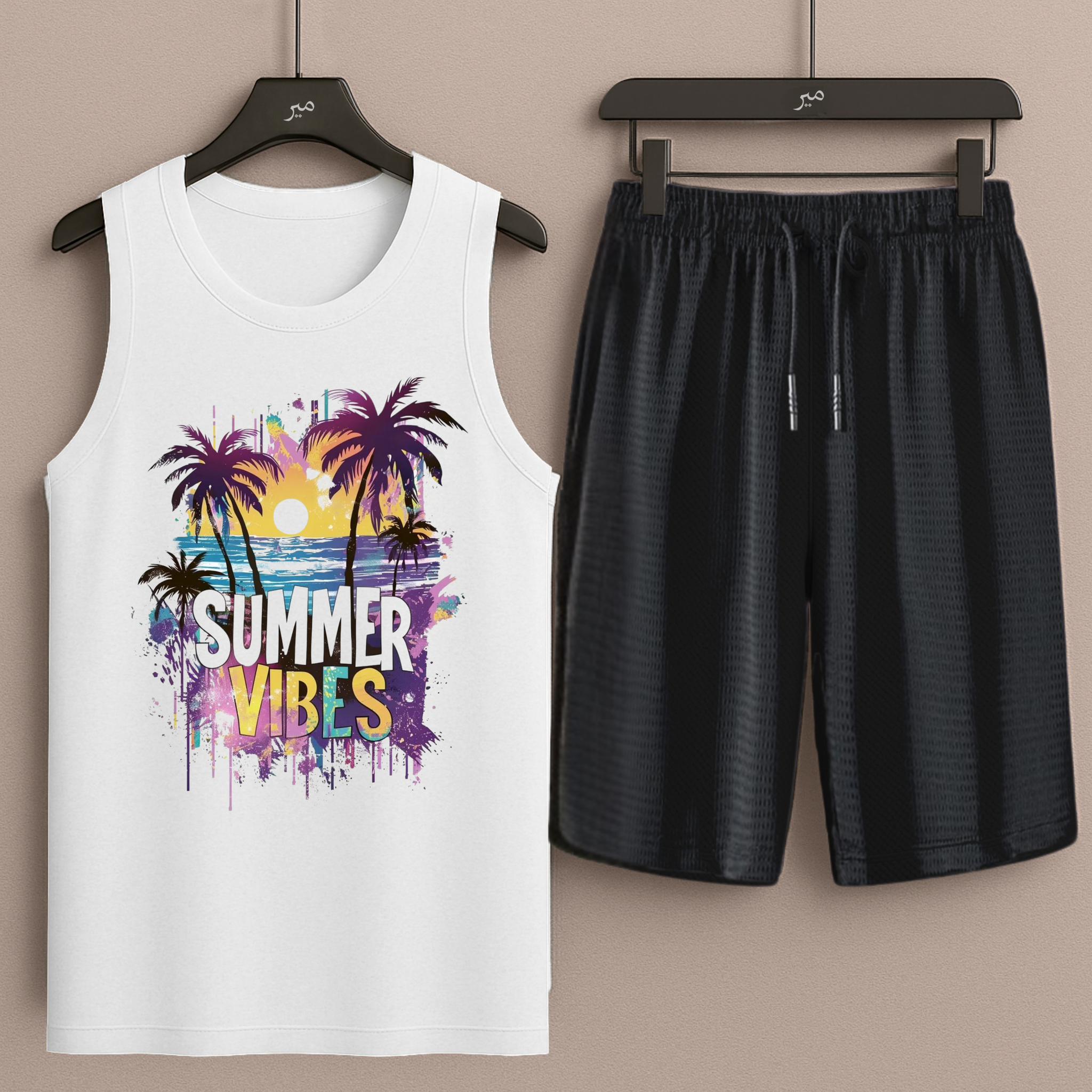 White Tanktop Printed Tree Summer Vibes with Black Shorts– Comfortable Wear (3355)