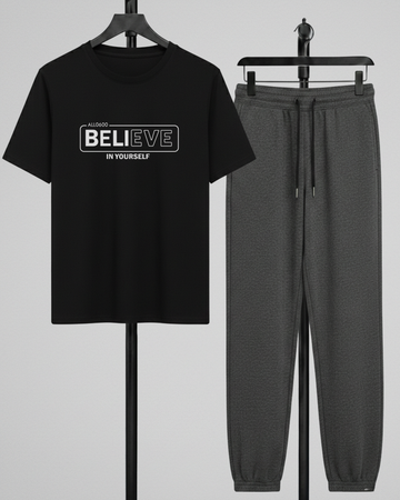 Black T-Shirt Printed Charcoal Grey Trouser – Comfortable Wear (Code 4795)