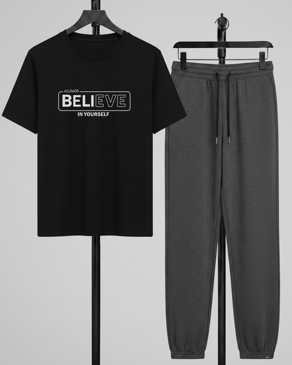 Black T-Shirt Printed Charcoal Grey Trouser – Comfortable Wear (Code 4795)
