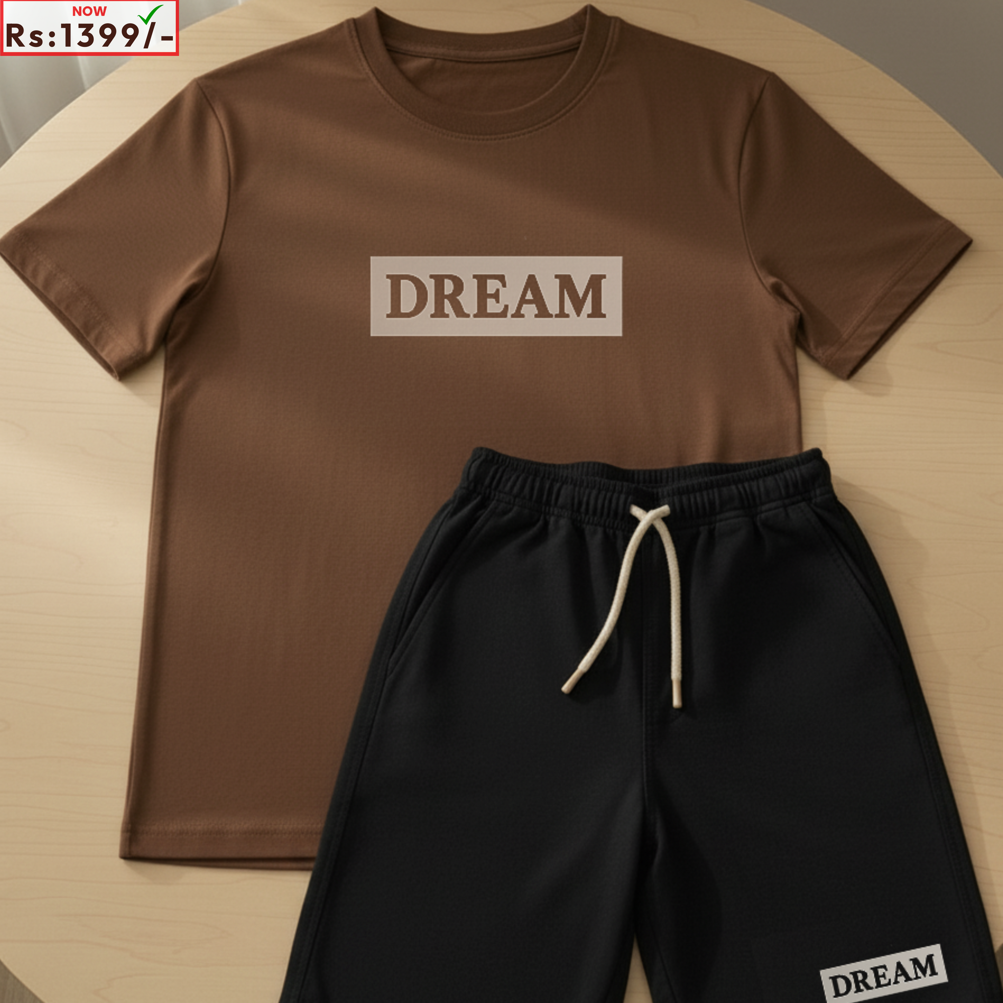 Dark Brown T-Shirt Printed with Printed Black Shorts– Comfortable Wear (Code 3837)