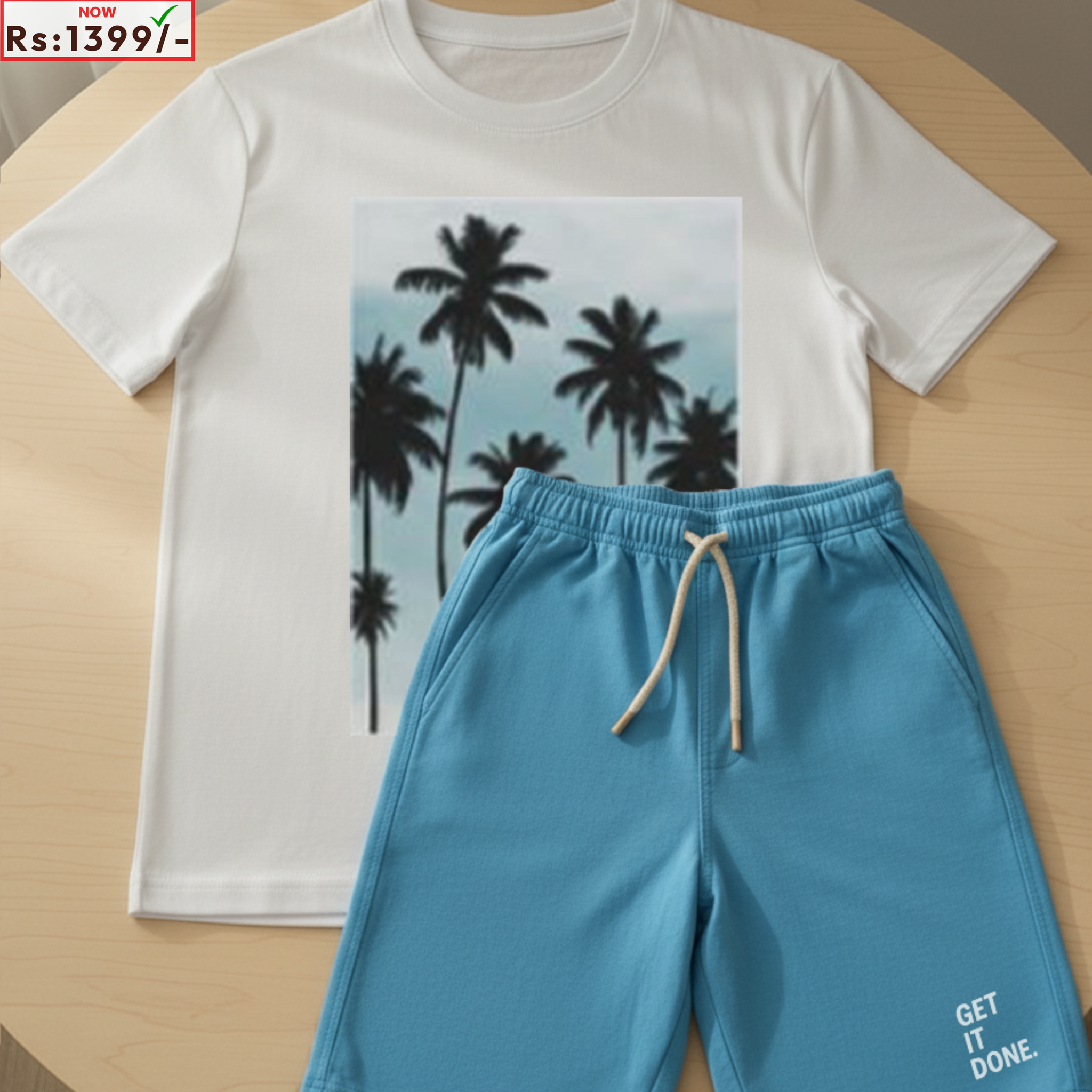 White T-Shirt Printed with Printed Sky Blue Shorts– Comfortable Wear (Code 3839)