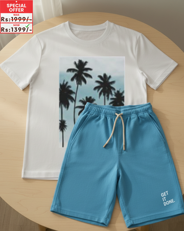 White T-Shirt Printed with Printed Sky Blue Shorts– Comfortable Wear (Code 3839)