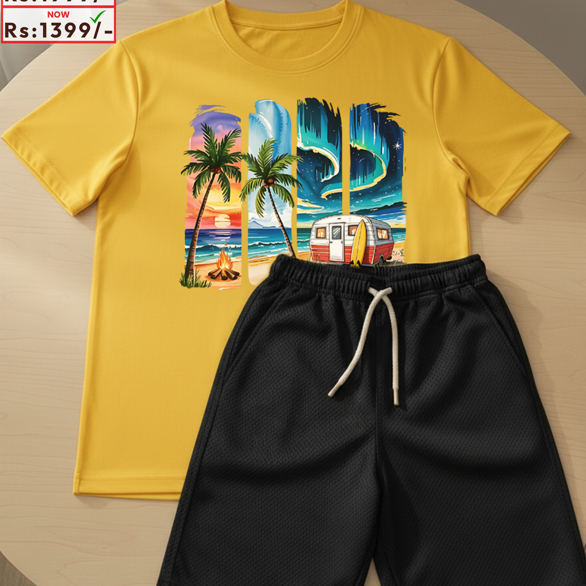 Yellow T-Shirt Printed with Black Shorts– Comfortable Wear (Code 3840)
