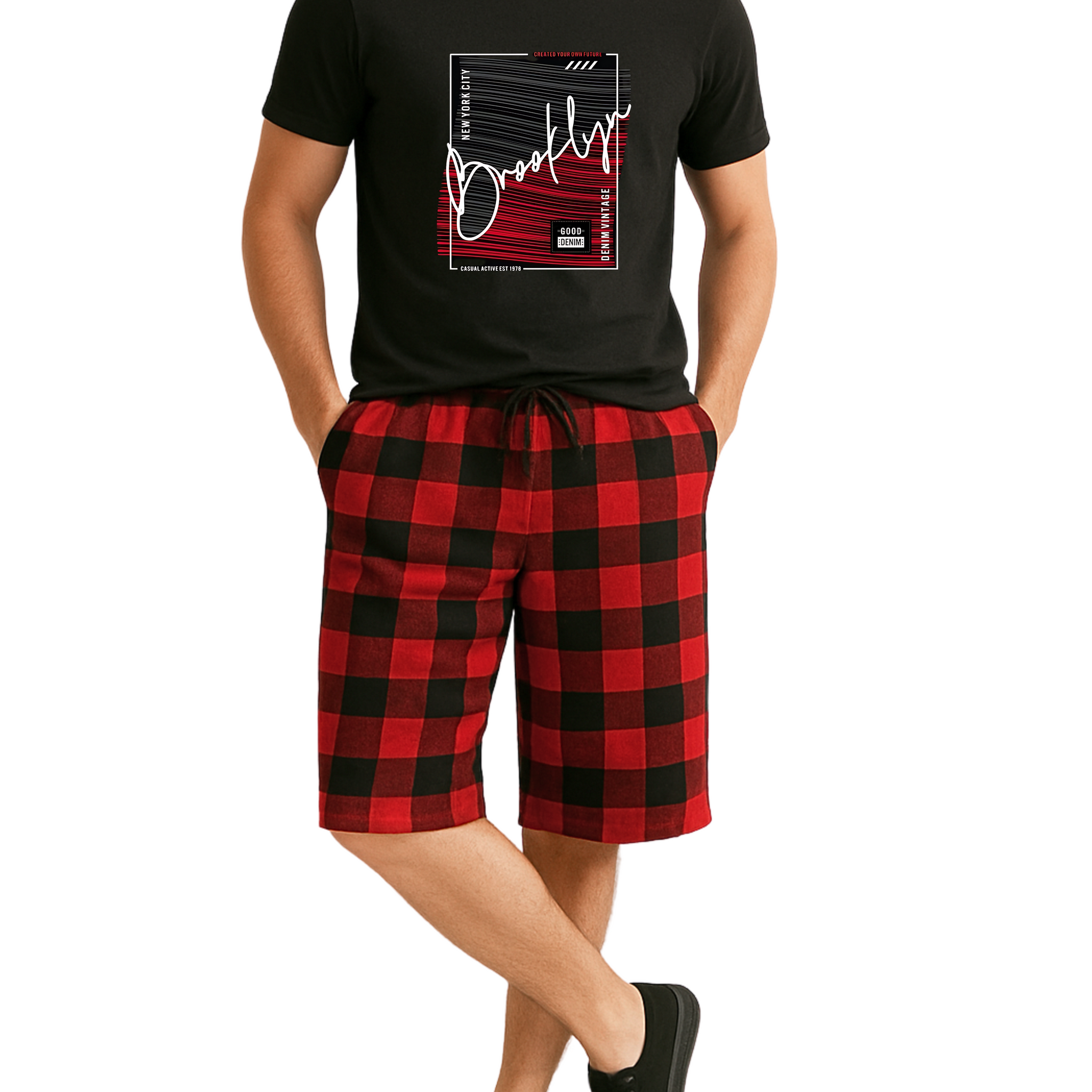 Printed T-Shirt And Checkered Short Summer Suit (3309)