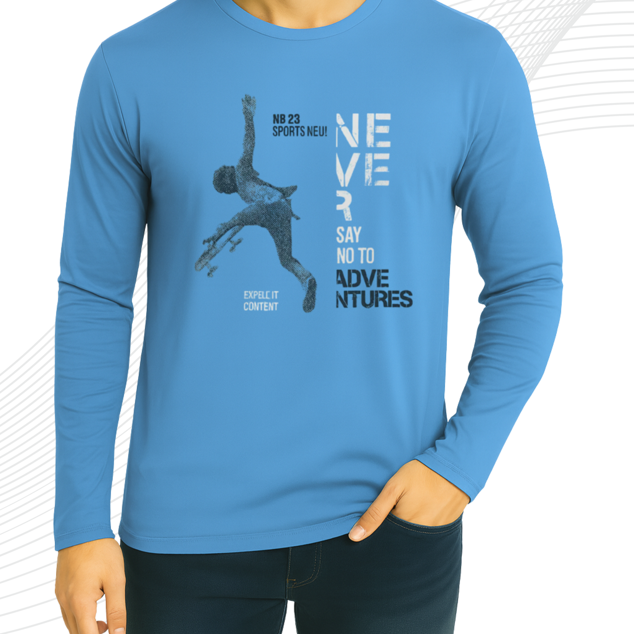 Sky Blue Printed Men’s Full Sleeves Tee – Jersey Fabric, Classic Fit, Everyday Comfort (3555)