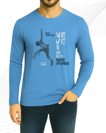 Sky Blue Printed Men’s Full Sleeves Tee – Jersey Fabric, Classic Fit, Everyday Comfort (3555)