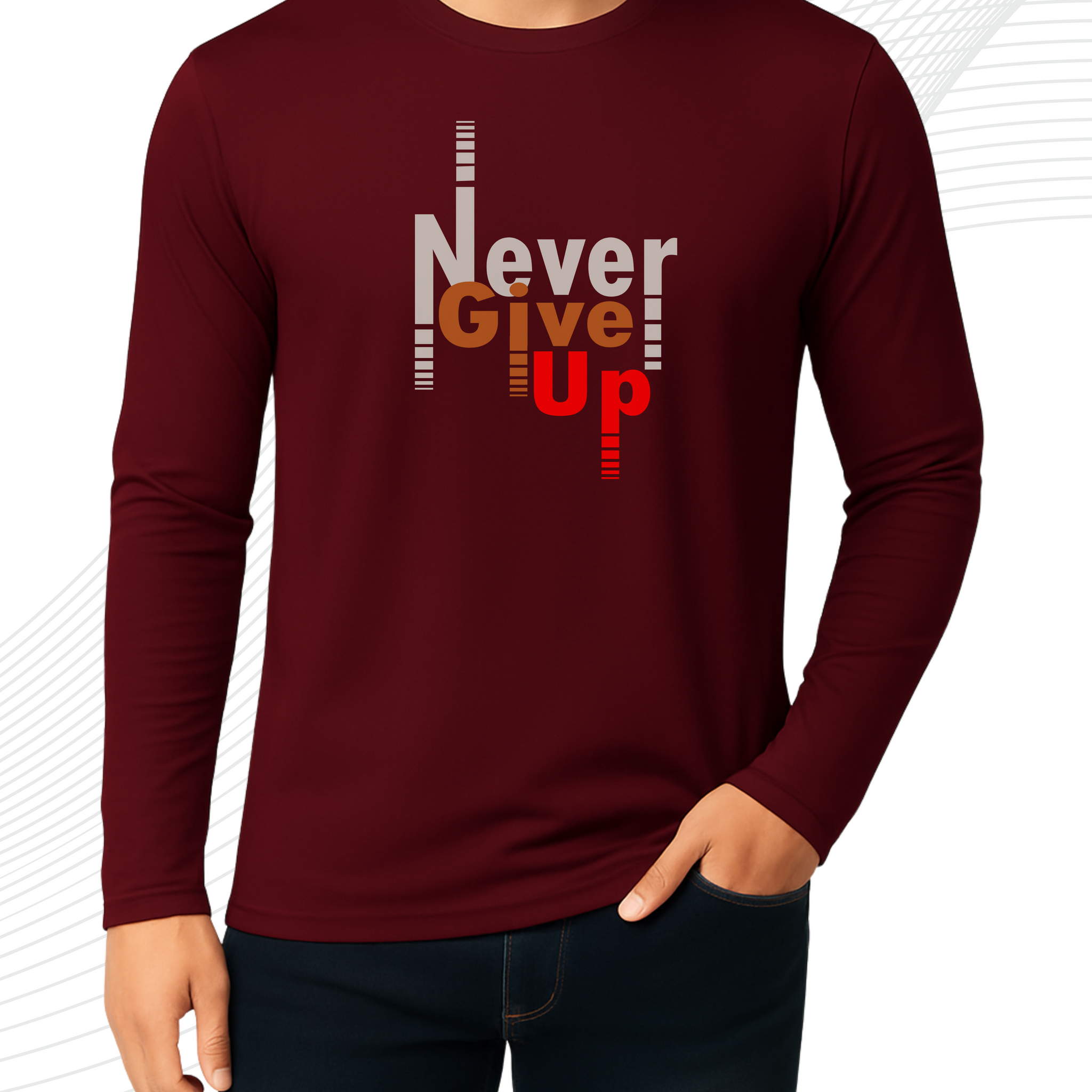 Maroon Printed Men’s Full Sleeves Tee – Jersey Fabric, Classic Fit, Everyday Comfort (3557)