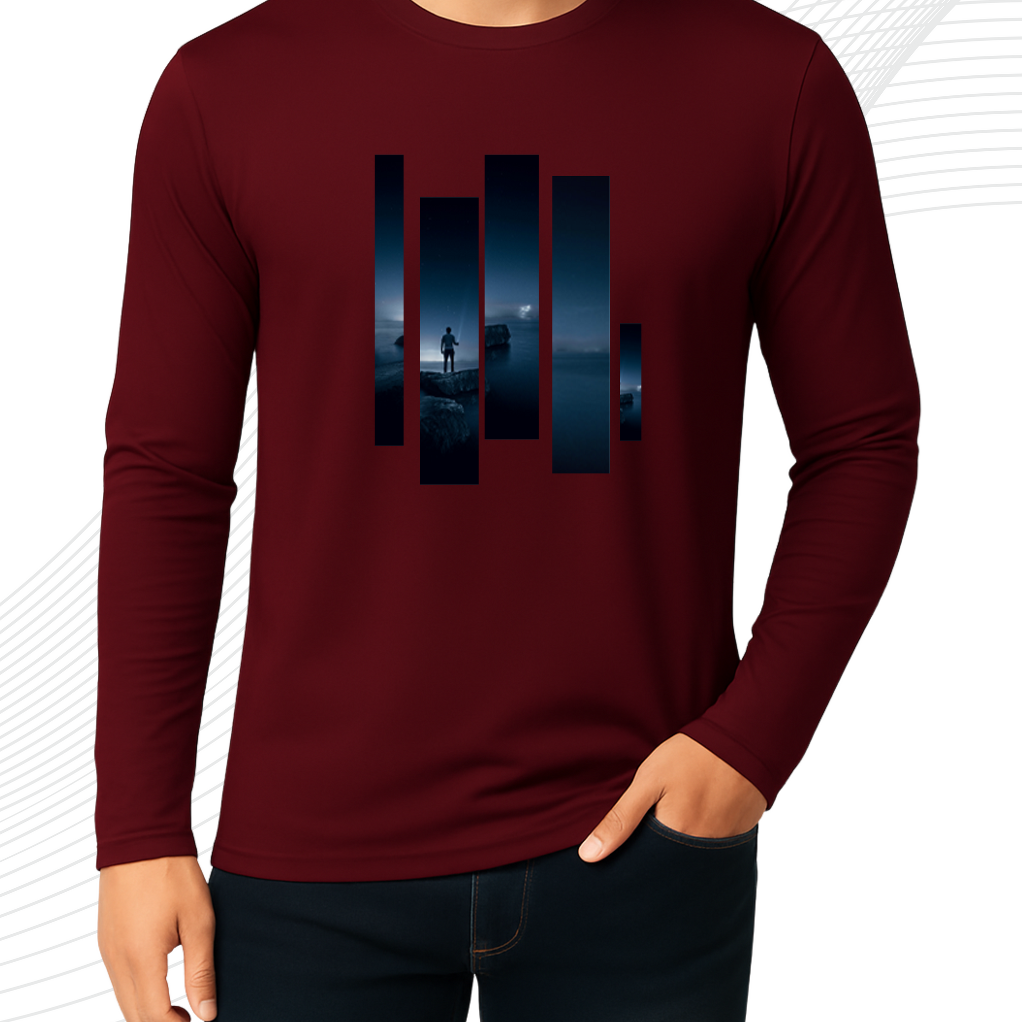 Maroon Printed Men’s Full Sleeves Tee – Jersey Fabric, Classic Fit, Everyday Comfort (3561)