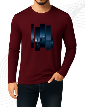 Maroon Printed Men’s Full Sleeves Tee – Jersey Fabric, Classic Fit, Everyday Comfort (3561)