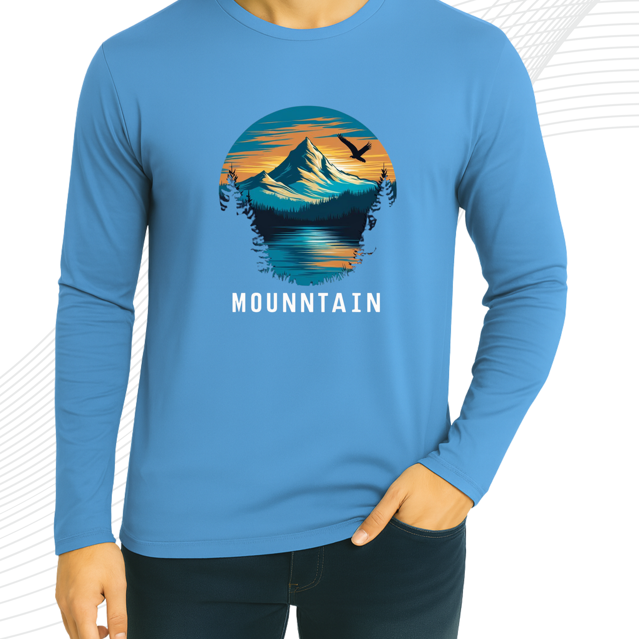 Sky Blue Printed Men’s Full Sleeves Tee – Jersey Fabric, Classic Fit, Everyday Comfort (3562)