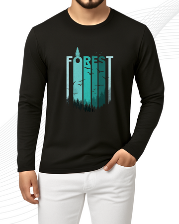 Black Printed Men’s Full Sleeves Tee – Jersey Fabric, Classic Fit, Everyday Comfort (3564)