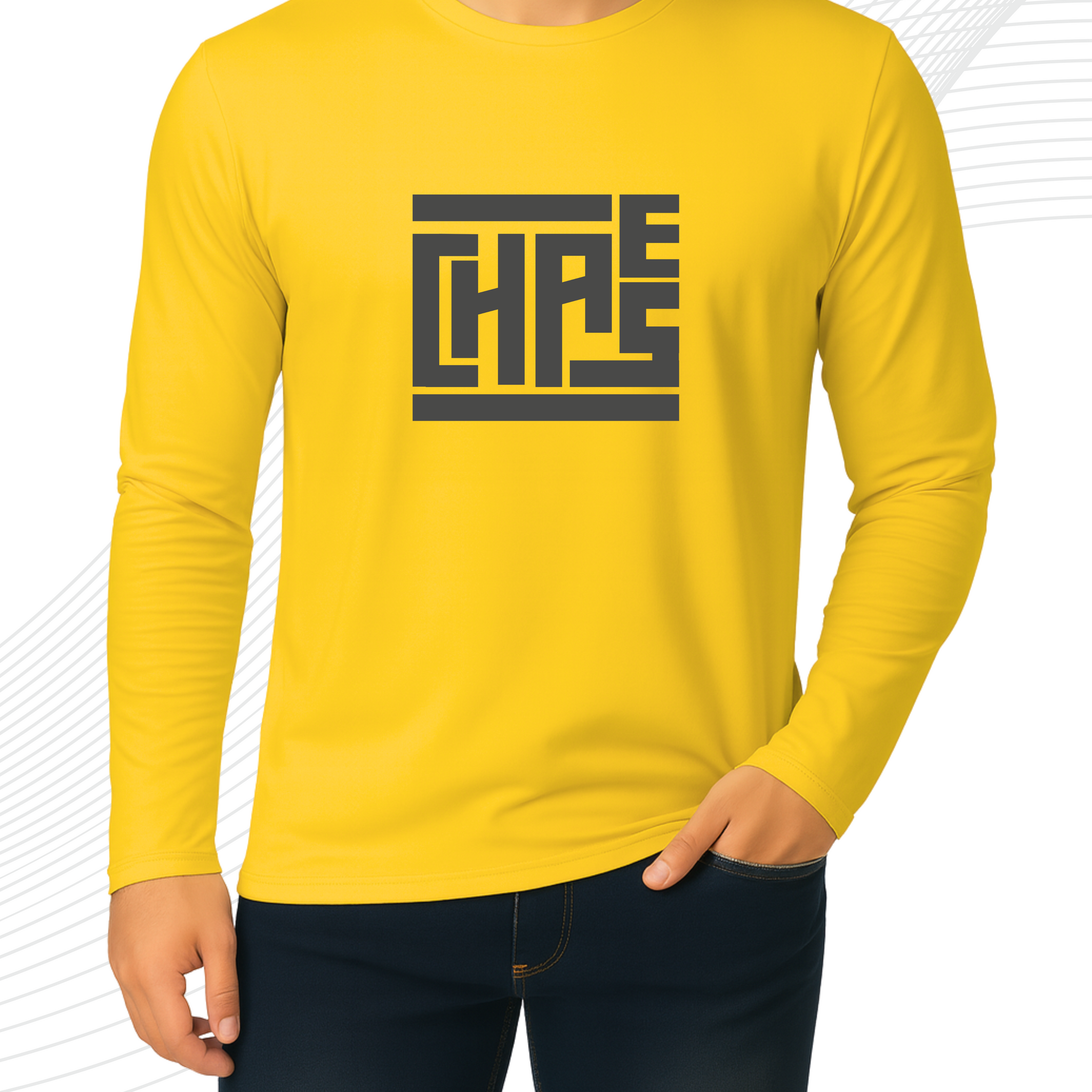 Yellow Printed Men’s Full Sleeves Tee – Jersey Fabric, Classic Fit, Everyday Comfort (3567)