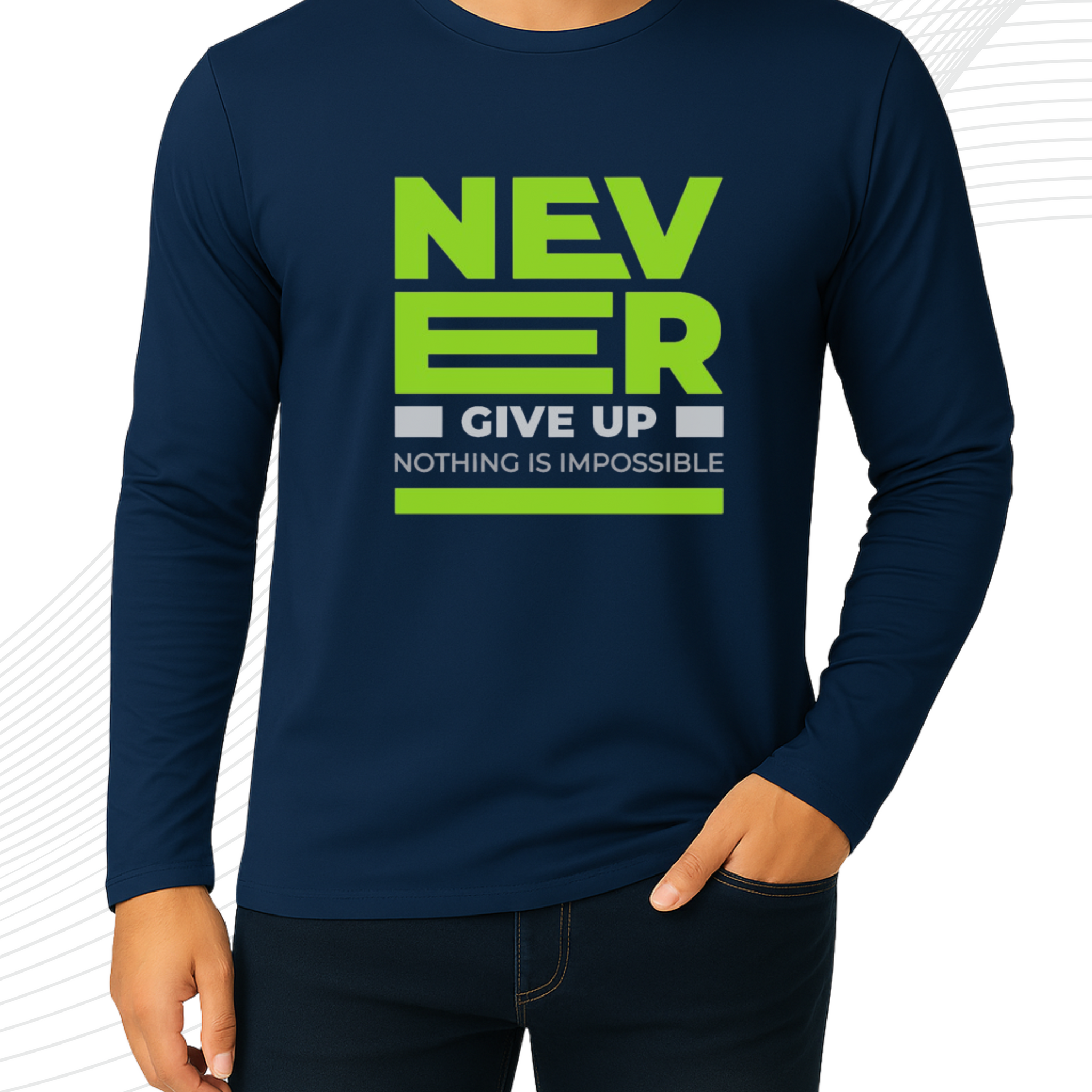 Navy Blue Printed Men’s Full Sleeves Tee – Jersey Fabric, Classic Fit, Everyday Comfort (3568)