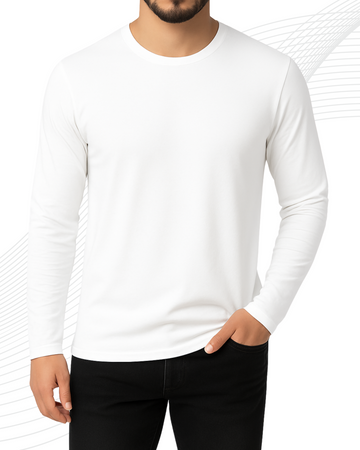 White Men’s Full Sleeves Tee – Jersey Fabric, Classic Fit, Everyday Comfort (3539)