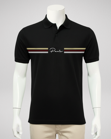 Black Paris Stripe Printed Polo T-Shirt – Stylish & Comfortable (Code 4580)