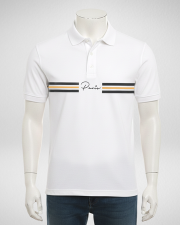 White Paris Stripe Printed Polo T-Shirt – Stylish & Comfortable (Code 4577)