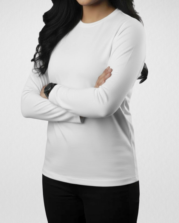 White Women’s Full Sleeves Tee – Jersey Fabric, Classic Fit, Everyday Comfort (Code 4478)