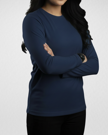 Navy Blue Women’s Full Sleeves Tee – Jersey Fabric, Classic Fit, Everyday Comfort (Code 4481)