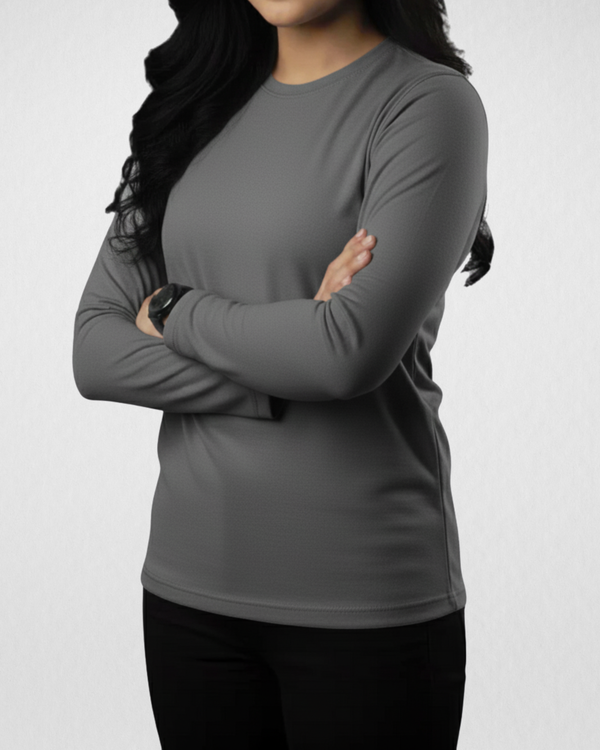 Grey Women’s Full Sleeves Tee – Jersey Fabric, Classic Fit, Everyday Comfort (Code 4482)