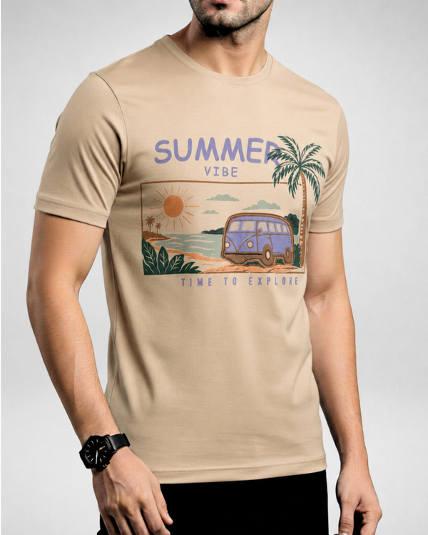 Beige Printed T-Shirt/Tee for Men – Cotton Jersey Fabric (Code 5480)