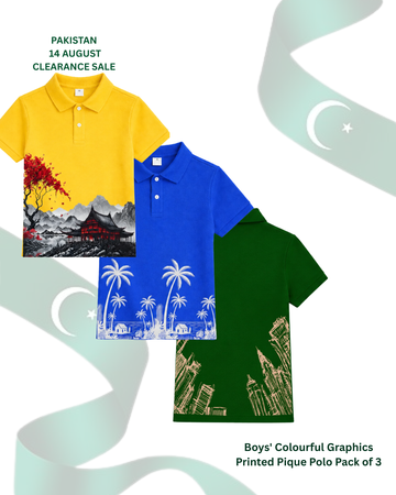 Boys' Colourful Graphics Printed Pique Polo Pack of 3 (Code 5561)