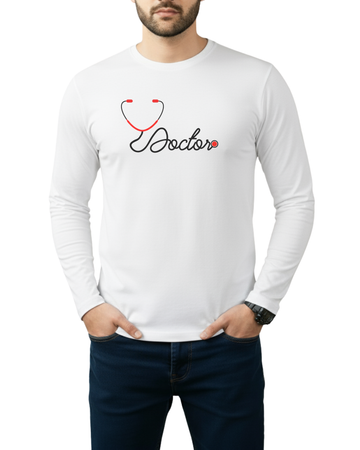 White Printed Men’s Full Sleeves Tee – Jersey Fabric, Classic Fit, Everyday Comfort (Code 4308)