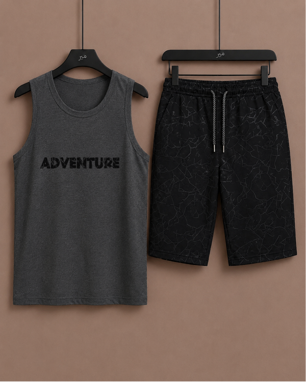 Charcoal Grey Tanktop with Silver Patch Printed Shorts– Comfortable Wear (Code 5357)