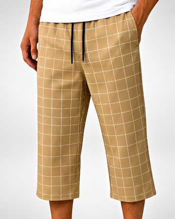 Men’s Beige Checkered  Digital Printed Long-Shorts – Soft & Comfortable (Code 3324)