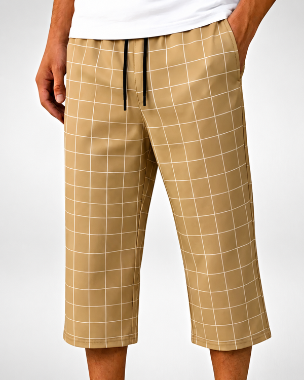 Men’s Beige Checkered  Digital Printed Long-Shorts – Soft & Comfortable (Code 3324)