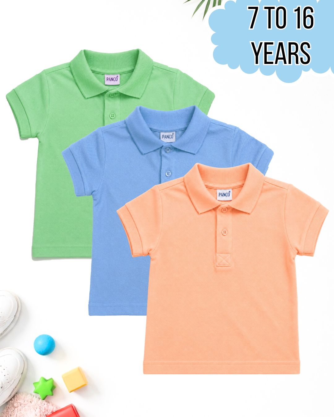 Kids pack of 3 polo shirts in Light Green, Sky Blue and Peach